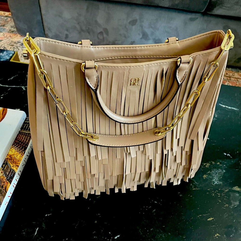 CH Carolina Herrera Tan Leather Fringe Gaspar Bag